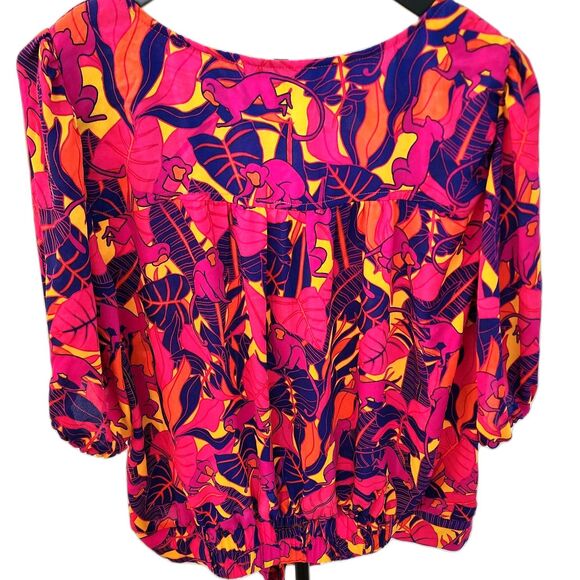 NWOT Tropical Island Vibe Blouse | Puffy Sleeve V Neck with Tie Bottom Size XL - Picture 3 of 8